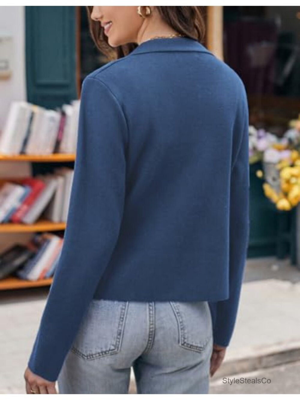 Cropped Knit Blazer Jacket with Notched Collar - Work Wear - Picture 4 of 6